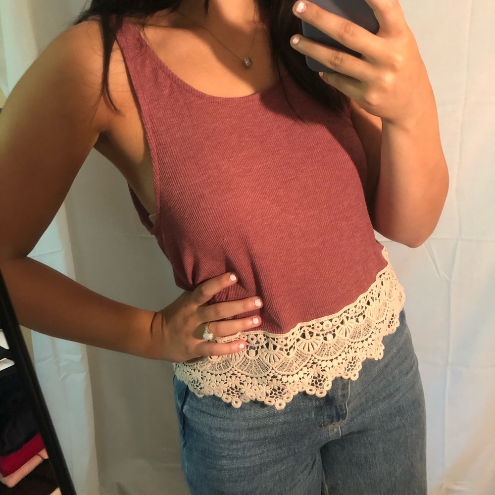 Red shirt with lace trim